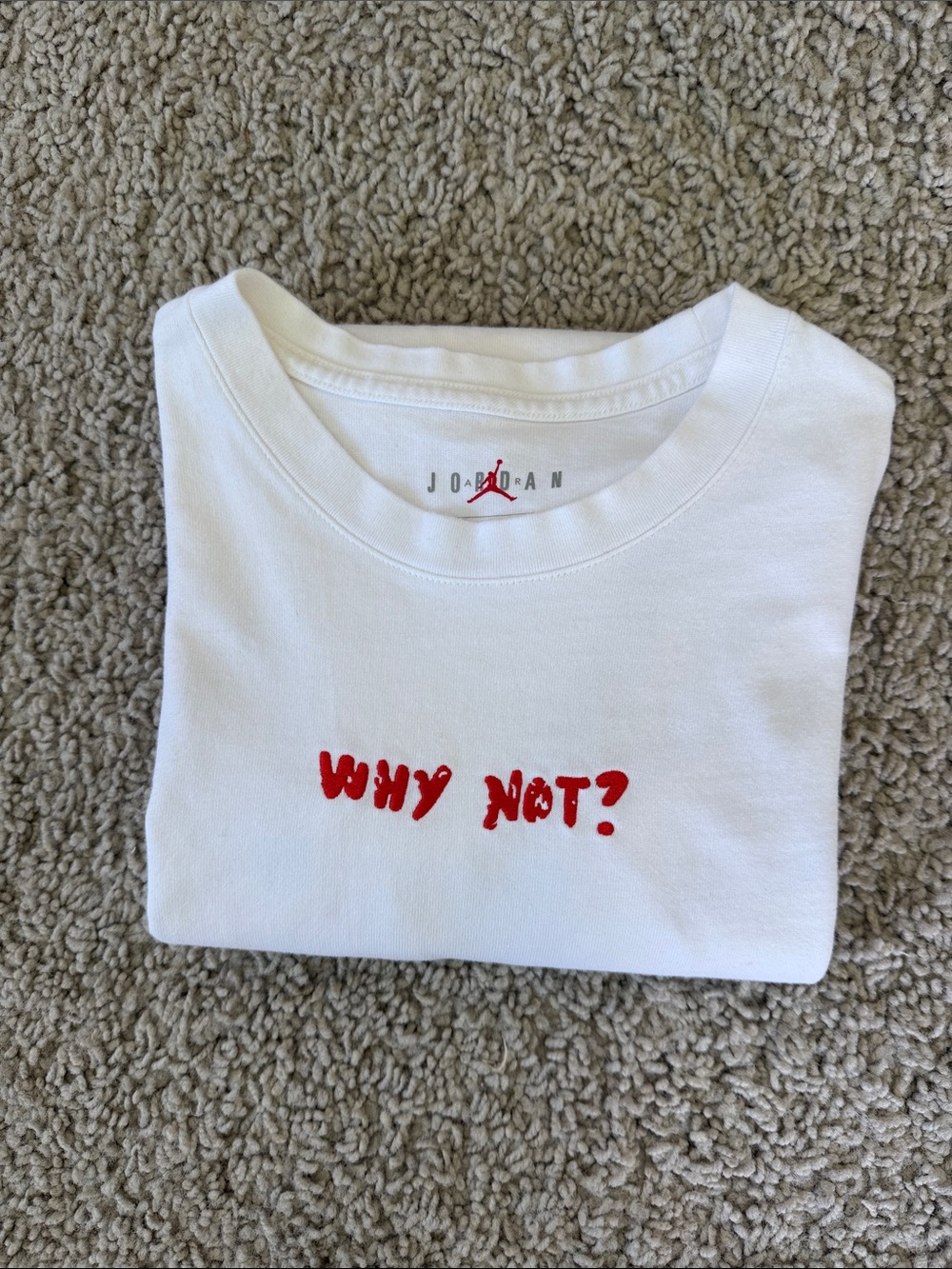 Jordan mens large White Short-Sleeve T-shirt Red "Why Not?" Embroidered logos